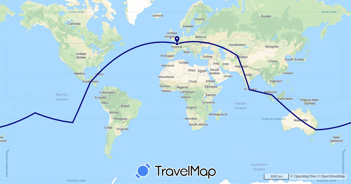 TravelMap itinerary: driving in Australia, Chile, Cuba, France, Guatemala, Sri Lanka, Singapore, Uzbekistan (Asia, Europe, North America, Oceania, South America)
